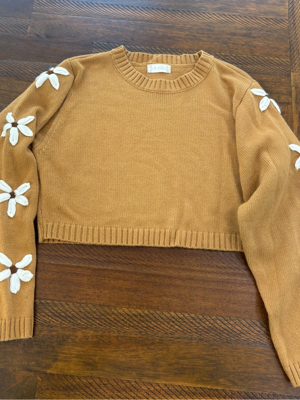 Altar'd State Mustard Cropped Crew Sweater with White Floral Sleeves